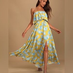 Lulu's Strapless Yellow and‎ Blue Floral Maxi Dress